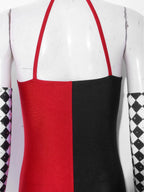 Circus Harlequin Clown Plaid Halter Bodysuit & Arm Sleeves 2-Piece Cosplay Costume Set