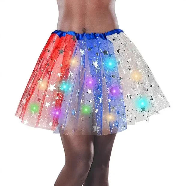 Light Up Layers 4th of July Star Independence Day American Flag Tutu for Women Adult Birthday Soft Princess Glow Party Supplies