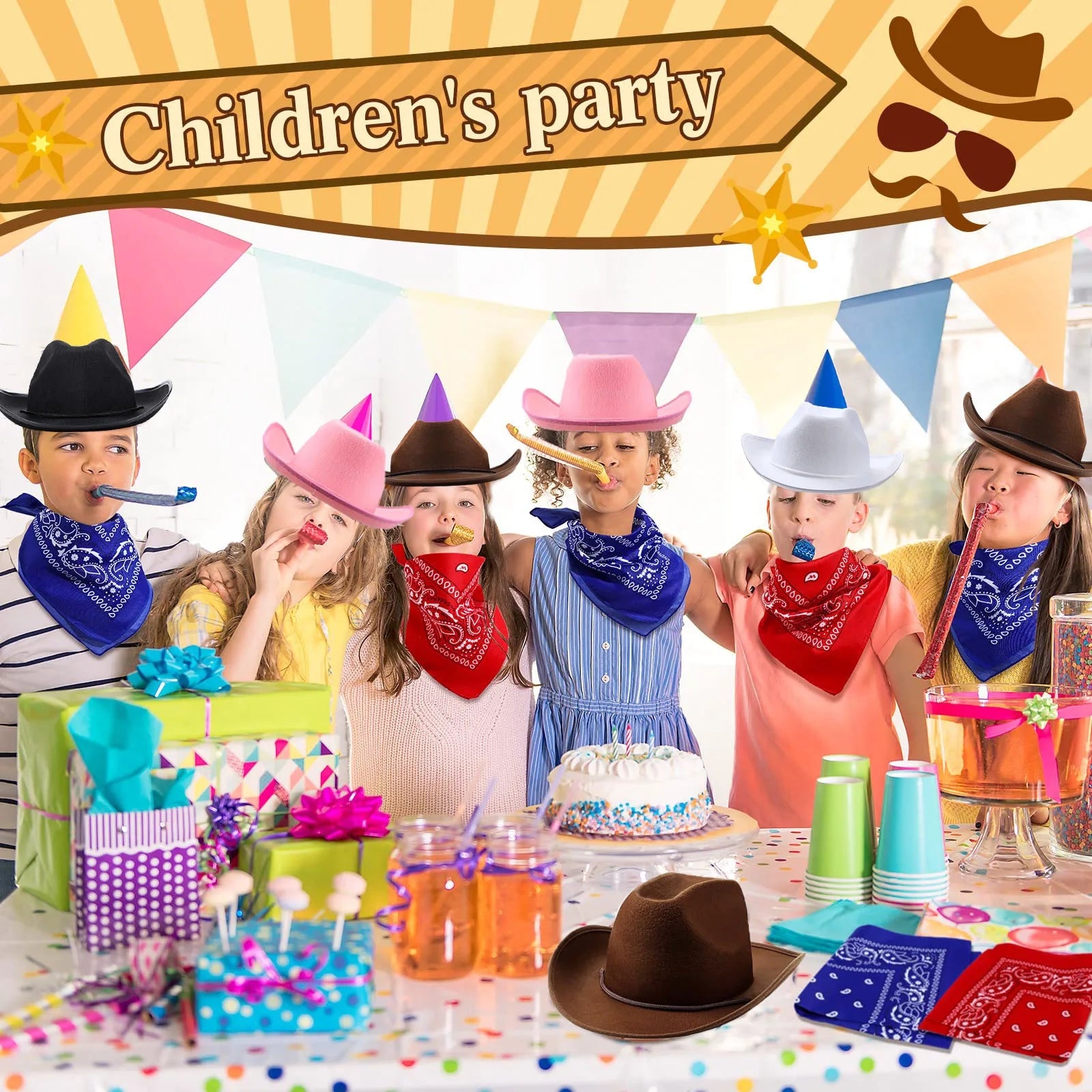 6-48Set Kids Western Cowboy Hats with Bandanas Cowboy Party Hats for Birthday Party Cosplay Costume Party Western Party Favors - Big Tim's Magic Emporium