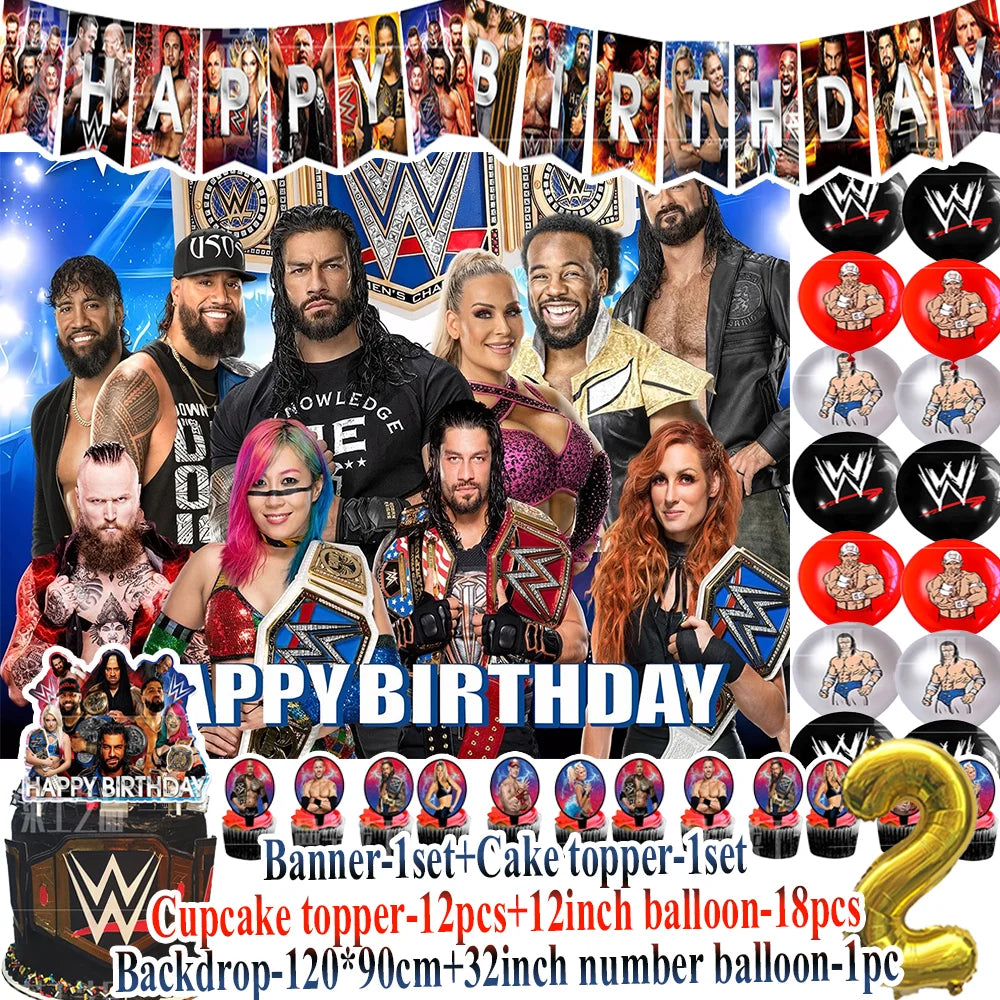 Sport-&Wrestling&Triathlon Boys Birthday Party Supplies Decor Boxing Match Balloon Cake Topper Banner Backdrop Baby Shower Props