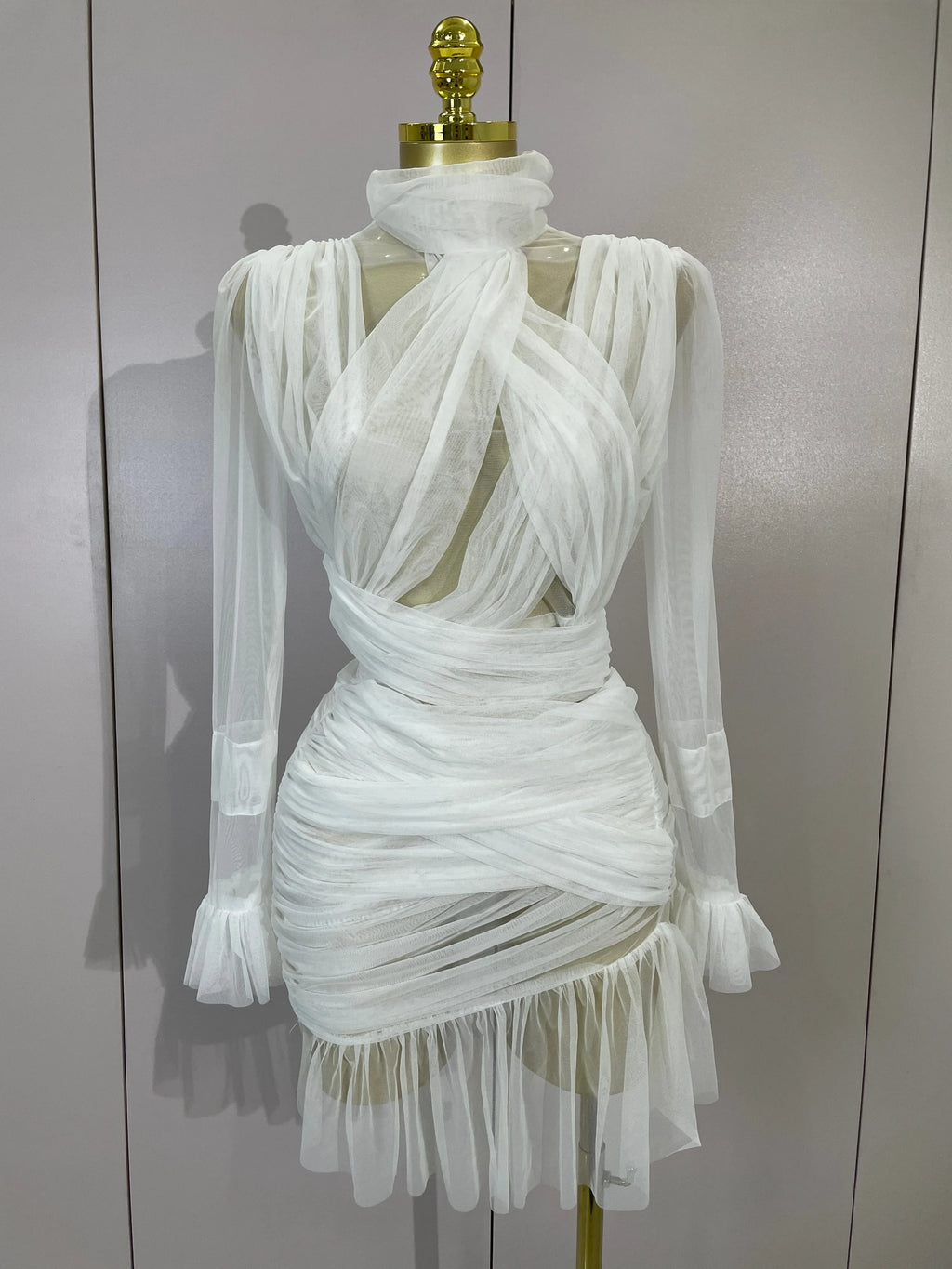 White High Collar Long Sleeve Solid Mesh Sexy See Through Ruffle Mini Dress
