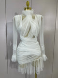 White High Collar Long Sleeve Solid Mesh Sexy See Through Ruffle Mini Dress