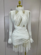 White High Collar Long Sleeve Solid Mesh Sexy See Through Ruffle Mini Dress