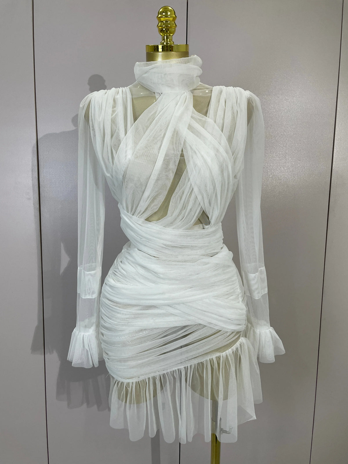 White High Collar Long Sleeve Solid Mesh Sexy See Through Ruffle Mini Dress