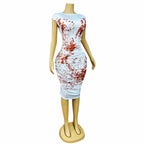 Blood Splatter Rhinestone Ruched Midi Dress Sleeveless Halloween Stage Costume
