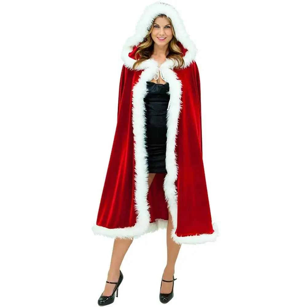 Christmas Party Costume  Polyester Red Cape  Windproof Xmas Cape Cosplay Costume Christmas Cloak Women Hooded Ponchos