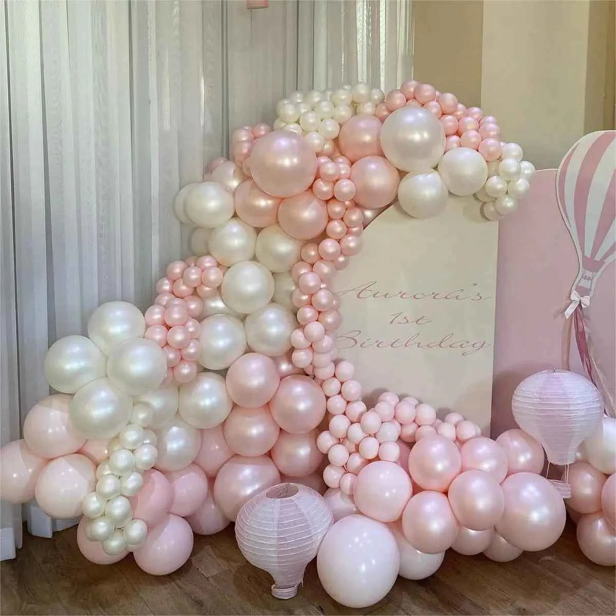 107PCS Double Stuffed Pearl Pink Stand White Balloons Garland Arch kit Wedding Birthday Party Baby Shower Anniversary Decoration