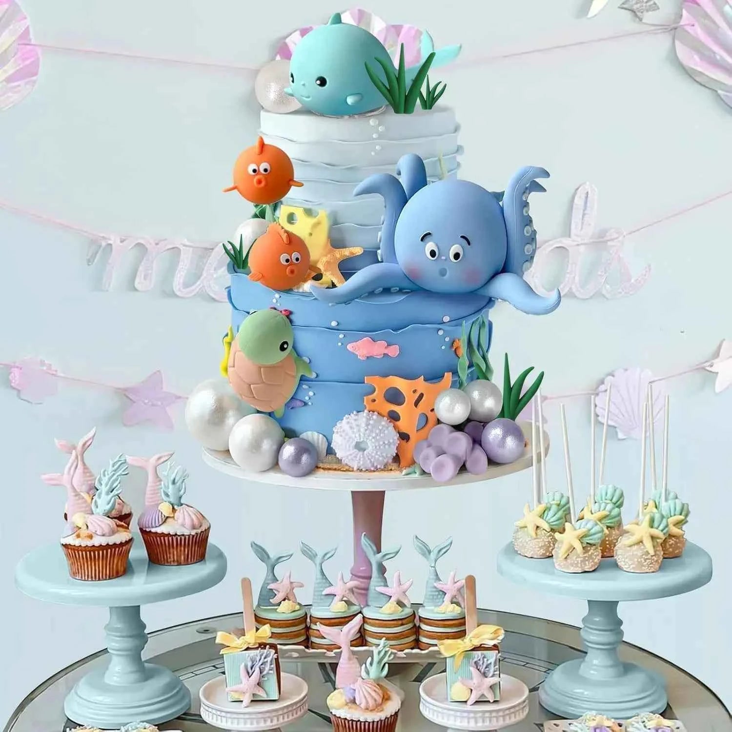 21PCS Under the Sea Cake Decorations Ocean Animals Cake Topper with Cake Balls for Boys Girls Baby Shower Birthday Party Supplie