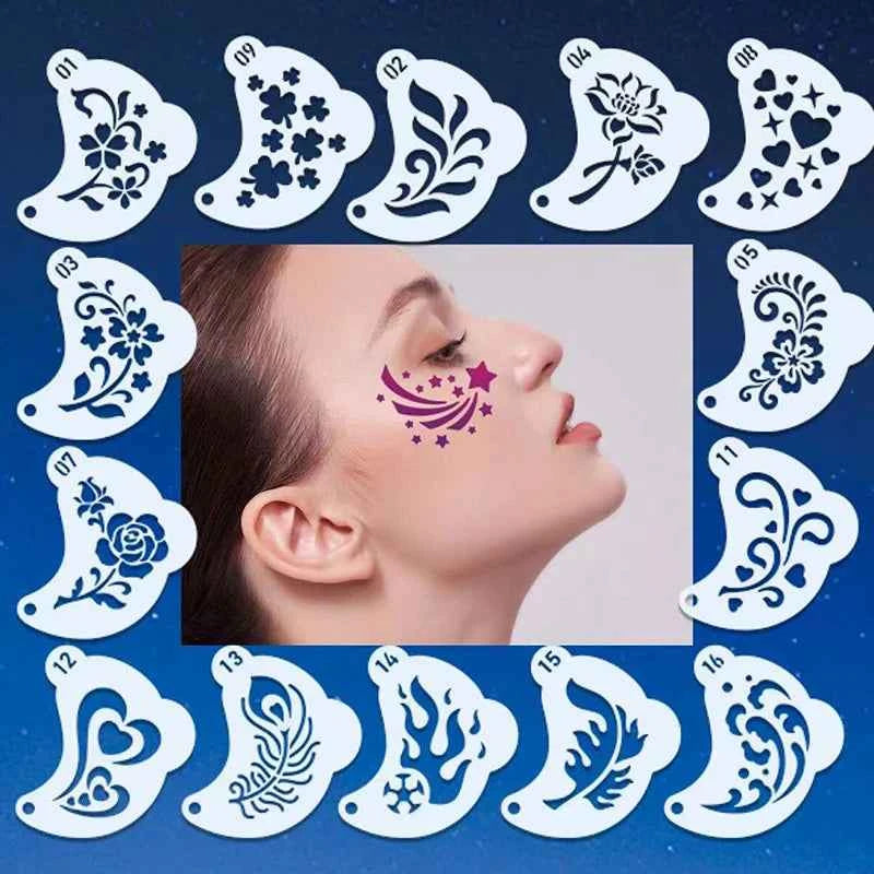 16Pcs Reusable Face Paint Stencils, DIY Body Art & Eyebrow Templates for Kids, Washable & Safe for Parties and Crafts