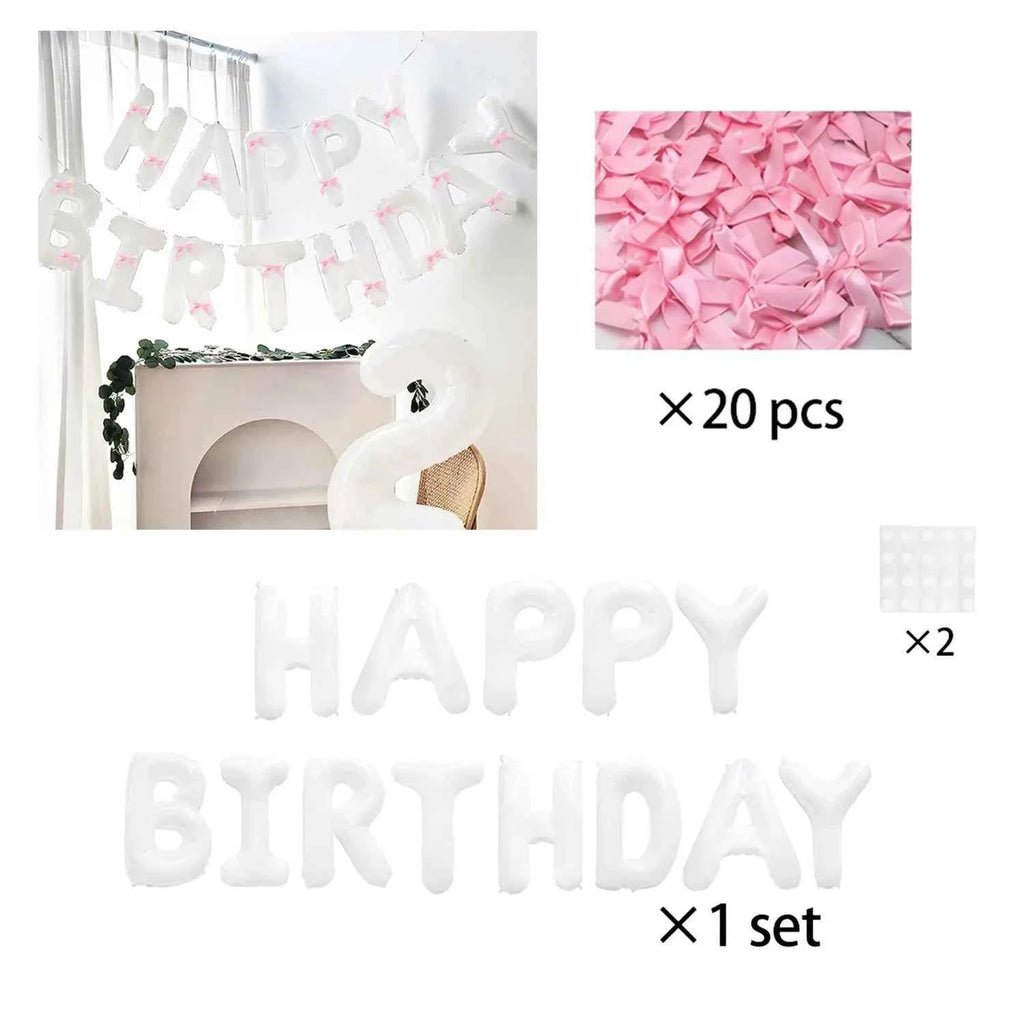 White Happy Birthday banner balloon and light pink bow balloon with pink ribbon bow, birthday party decoration
