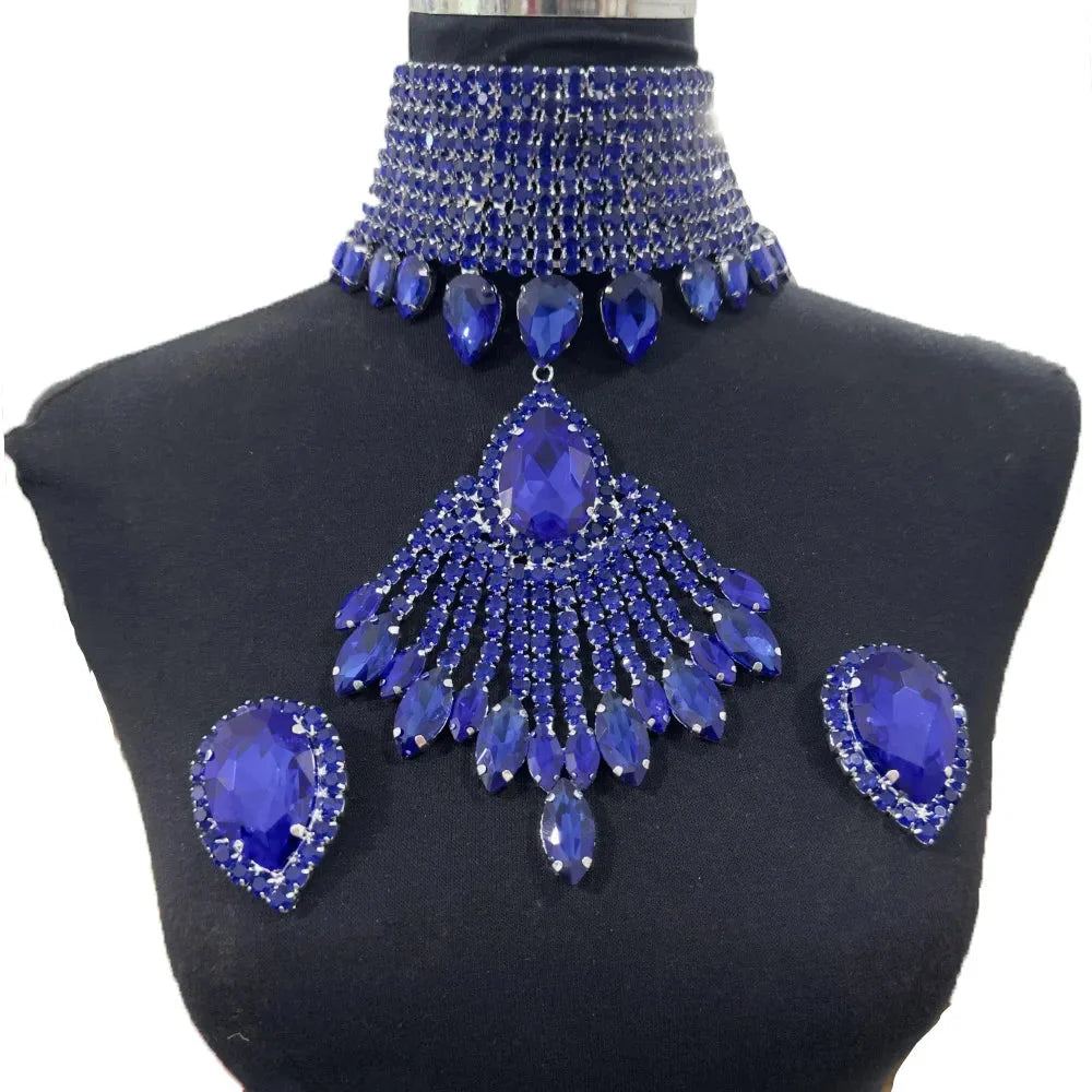 Oversized Crystal Rhinestone Tassel Choker & Earrings Drag Queen Jewelry Set