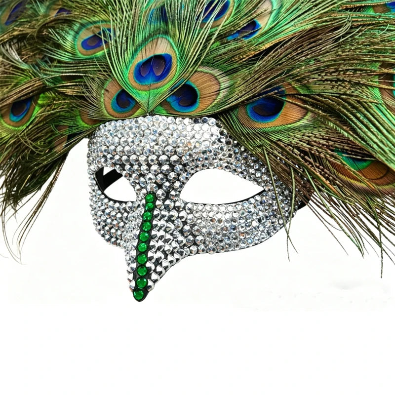 Luxury Peacock Feather Masquerade Mask,Rhinestone Crystal Venetian Mask, Large Feather Fan for Masquerade Ball & Halloween Party - Big Tim's Magic Emporium