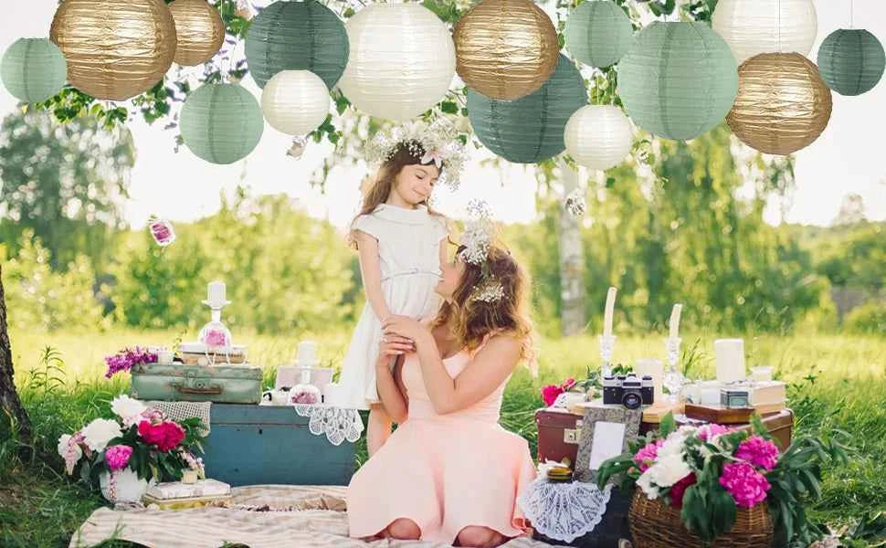 Paper Lanterns Decorations for Rustic Party Bridal Shower Wedding Sage Green Birthday Party Supplies Gold/Ivory/Sage Green 15pcs
