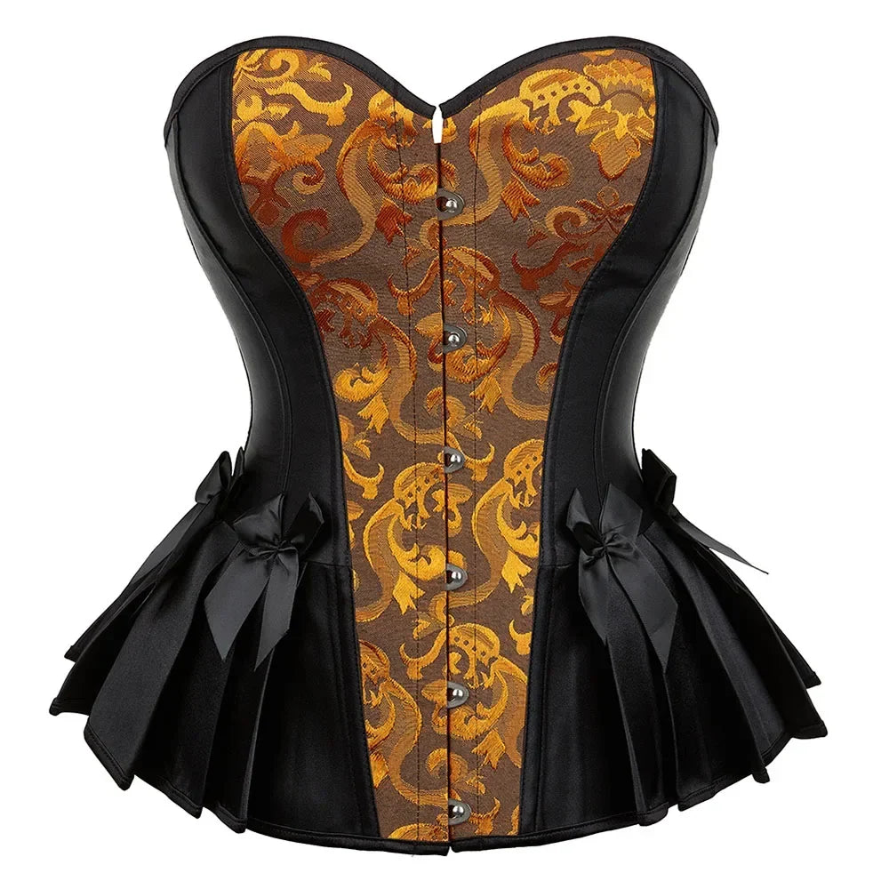 Vintage Gothic Floral Overbust Corset Top Lace Trim Boned Bustier