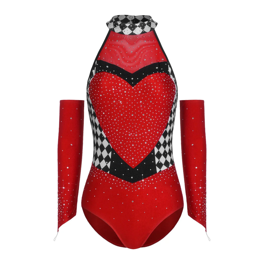 Queen of Hearts Rhinestone Halter Bodysuit & Sleeves Checkered Circus Stage Costume Set