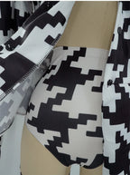 Houndstooth Geometric Print Bodysuit, Over-Knee Boots & Statement Hat 3-Piece Stage Costume Set