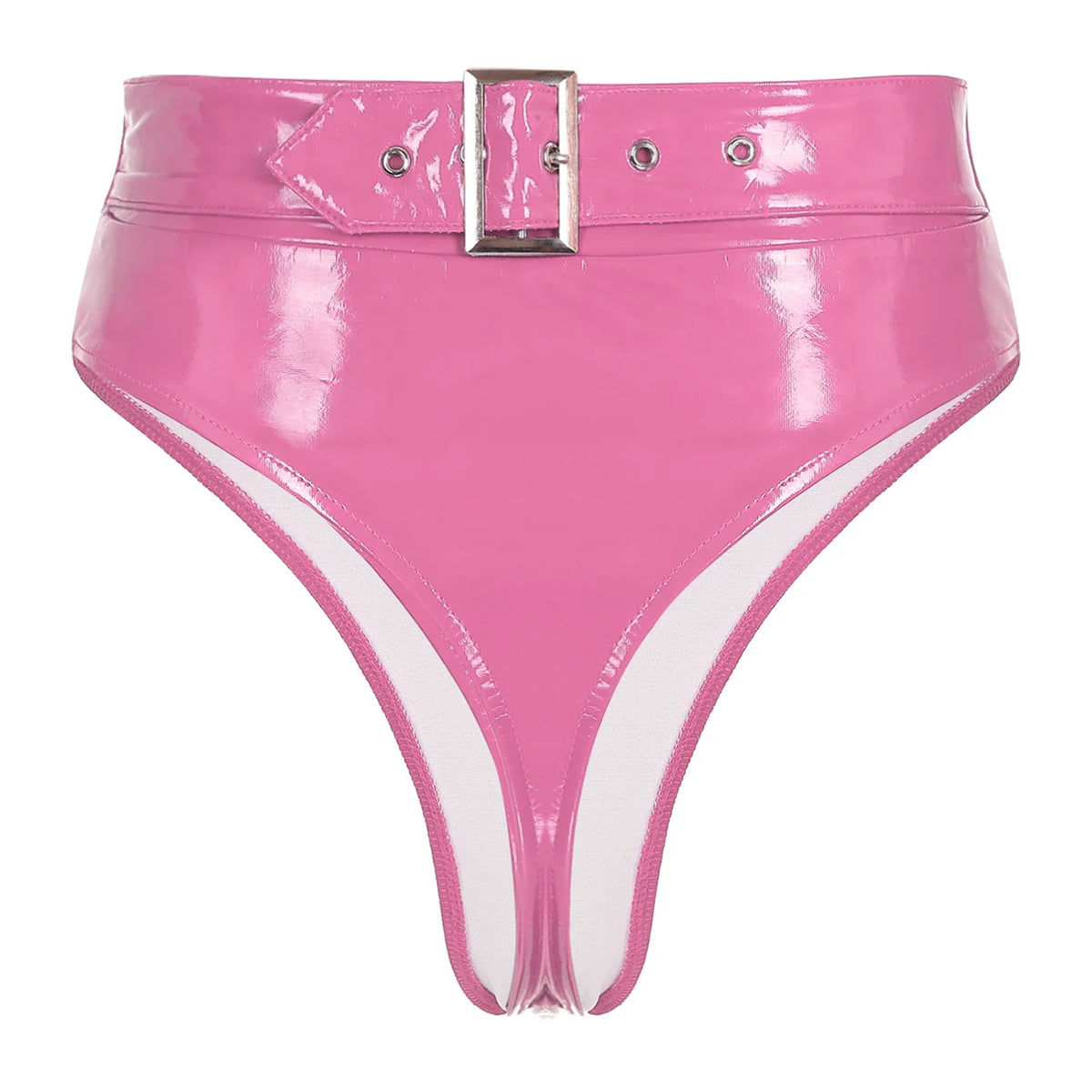 High-Waist Patent Leather Wet-Look Briefs with Adjustable Back Buckle Belt