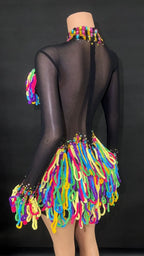 Rainbow Crystal Rhinestone Bodysuit Cascading Fringe Tassel Long-Sleeve Stage Costume