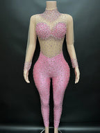 Women's Rhinestone Mesh Jumpsuit | Sheer Party & Stage Outfit
