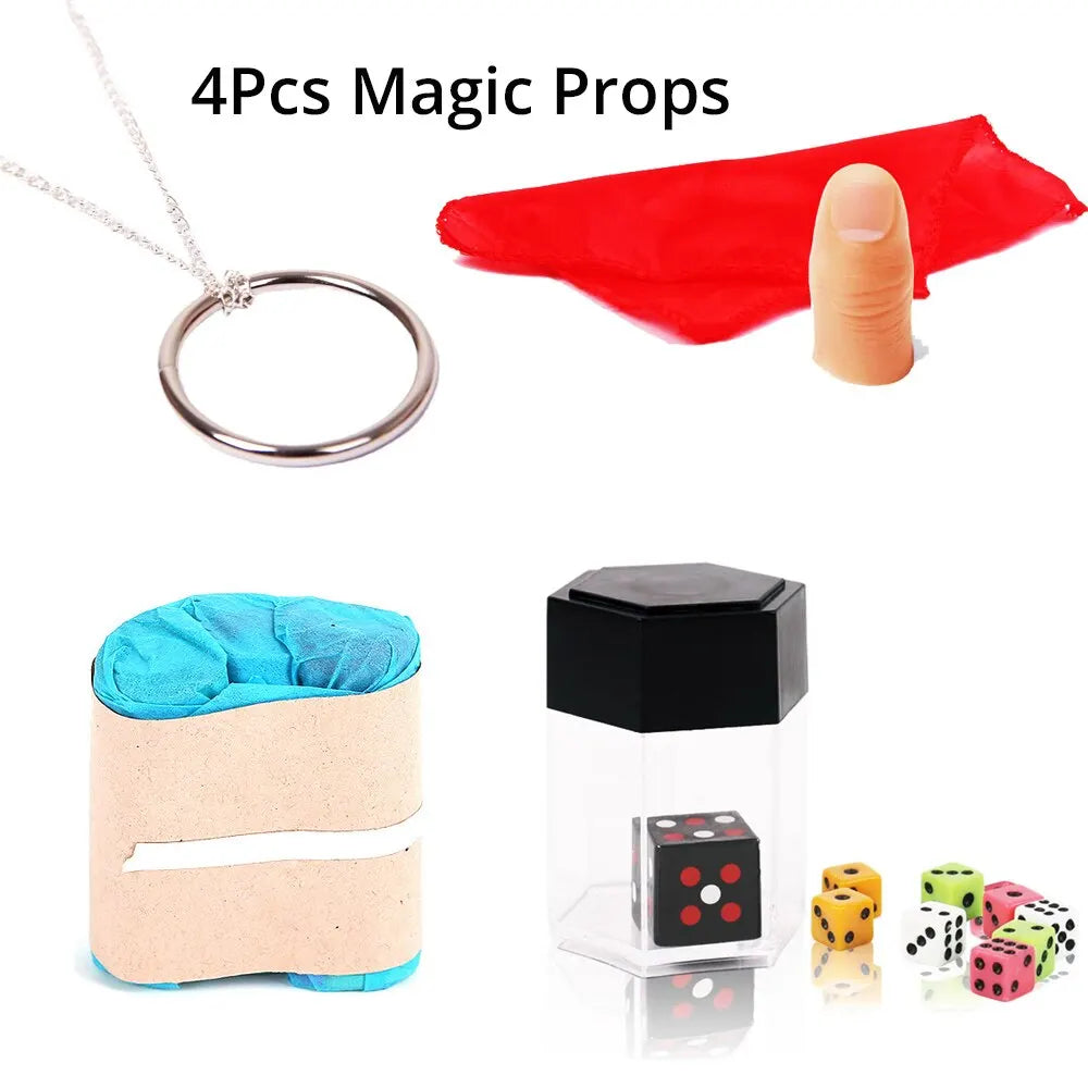 4 Pack Magic Tricks Set for Beginners - Ring Vanish Scarf Thumb Dice, Stage Illusion Props with Guide Kids Magic Toy - Big Tim's Magic Emporium