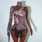 Leopard Sequin Fringe Asymmetrical Bodysuit One-Sleeve Stage Performance Costume
