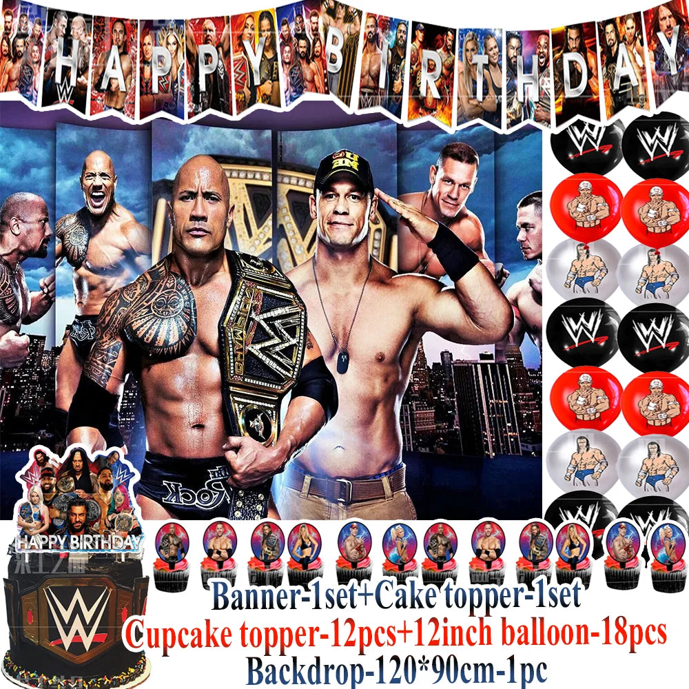 Sport-&Wrestling&Triathlon Boys Birthday Party Supplies Decor Boxing Match Balloon Cake Topper Banner Backdrop Baby Shower Props
