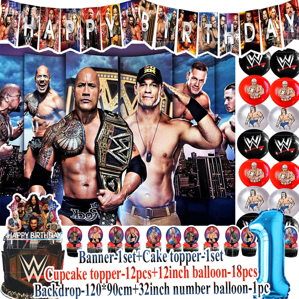 Sport-&Wrestling&Triathlon Boys Birthday Party Supplies Decor Boxing Match Balloon Cake Topper Banner Backdrop Baby Shower Props