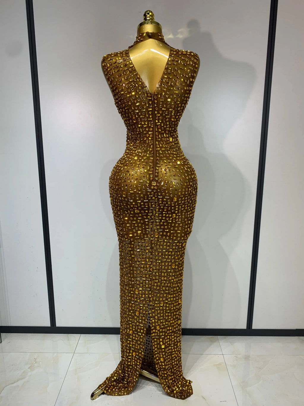 Sparkly Rhinestone Sleeveless Maxi Long Dress See-Through Sheer Mesh Stage Outfit