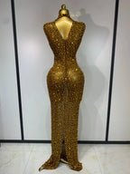 Sparkly Rhinestone Sleeveless Maxi Long Dress See-Through Sheer Mesh Stage Outfit