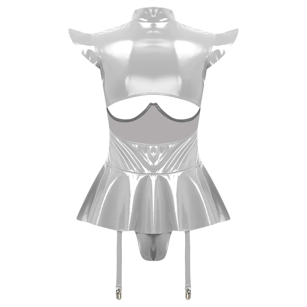 Glossy Wet-Look Halter Romper Bodysuit with Flared Skirt Hem & Integrated Garters