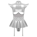 Glossy Wet-Look Halter Romper Bodysuit with Flared Skirt Hem & Integrated Garters
