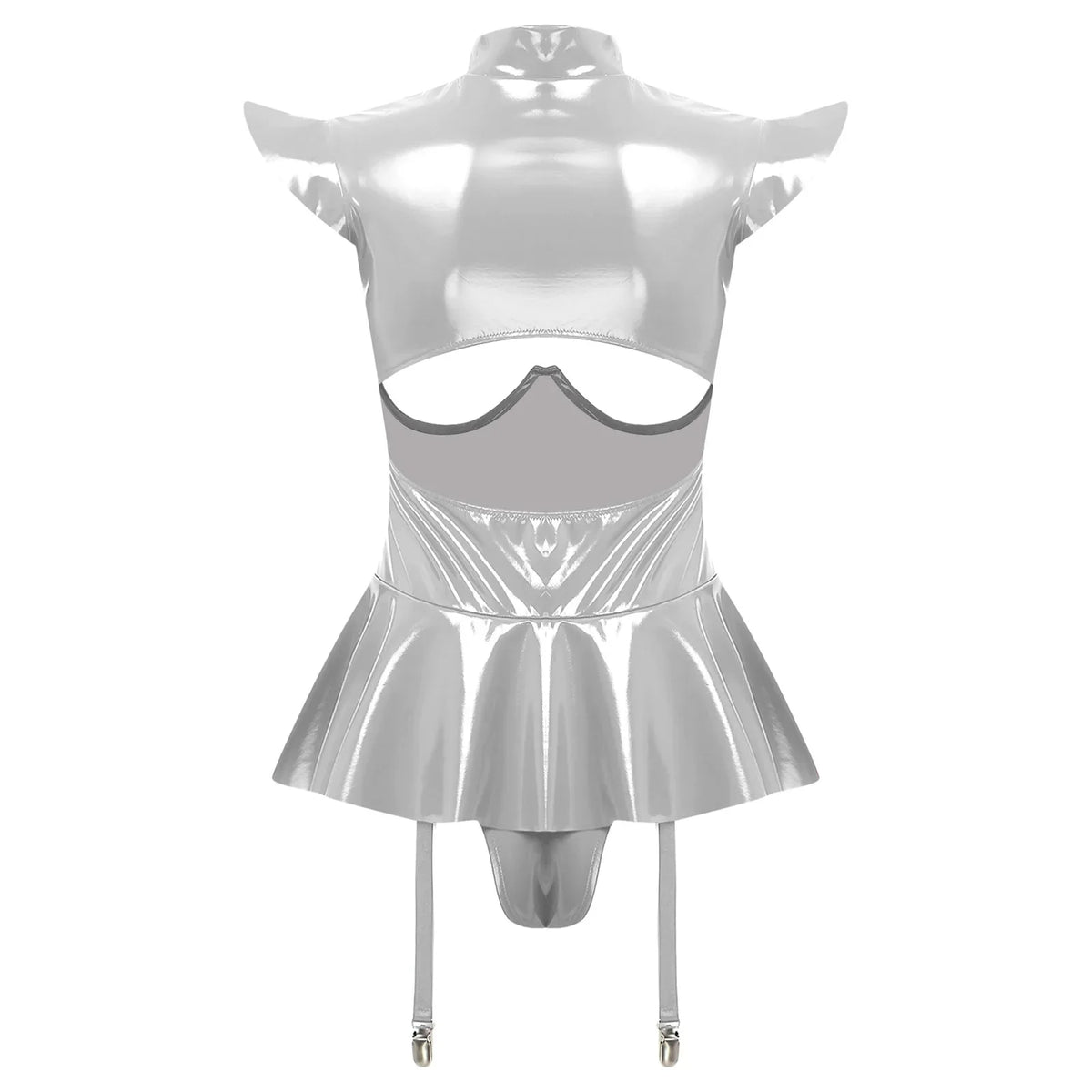 Glossy Wet-Look Halter Romper Bodysuit with Flared Skirt Hem & Integrated Garters