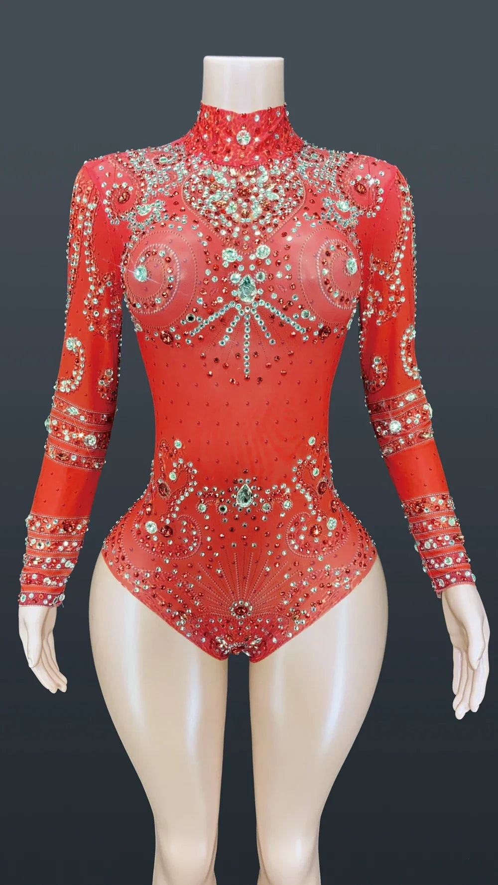 Sparkly Crystals Long-Sleeve Mesh Bodysuit Stage Performance Costume