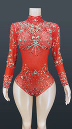 Sparkly Crystals Long-Sleeve Mesh Bodysuit Stage Performance Costume