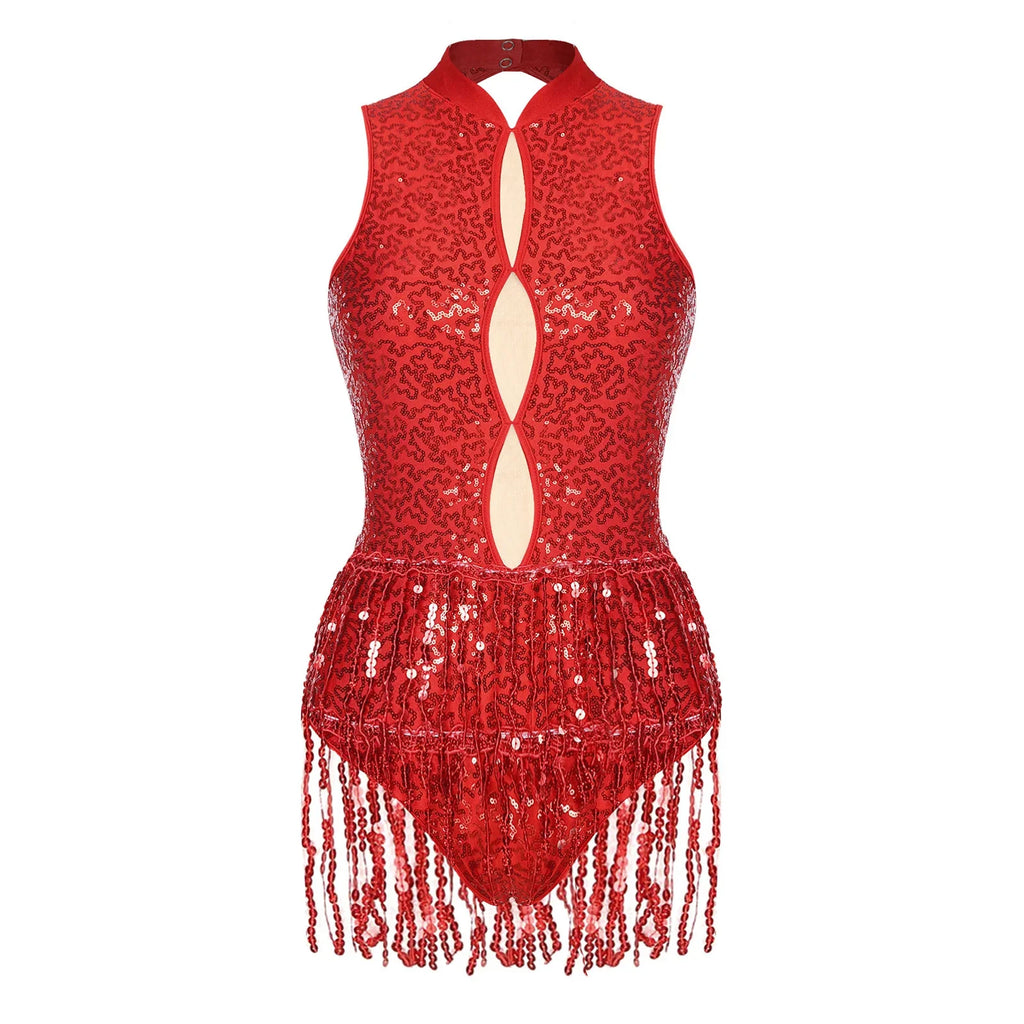 Glitter Sequin Fringe Latin Dance Leotard & Backless Performance Bodysuit