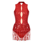 Glitter Sequin Fringe Latin Dance Leotard & Backless Performance Bodysuit