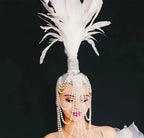 Red White Feather Beading Headgear Rhinestones Bikini Set for Nightclub Bar Leading Dance Team Model Show Performance Costume