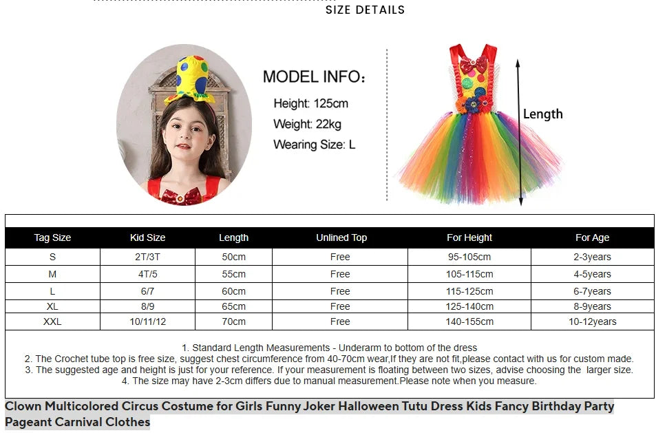 Clown Multicolored Circus Costume for Girls Funny Joker Halloween Tutu Dress Kids Fancy Birthday Party Pageant Carnival Clothes - Big Tim's Magic Emporium