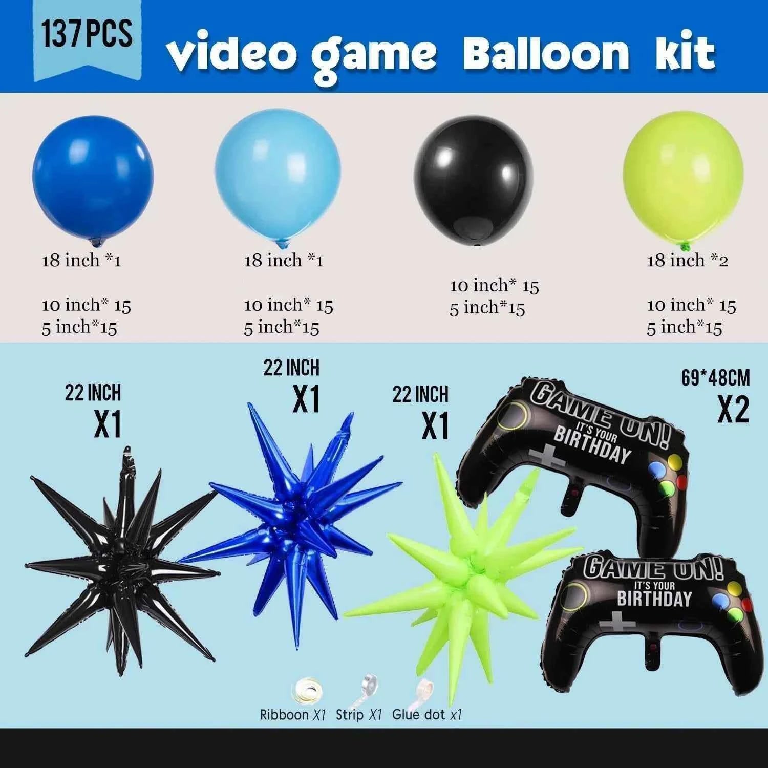 132Pieces Blue Black Green Balloon Set with Starburst Controller for Gamers Night Party Decoration Game Themed Birthday Supplies