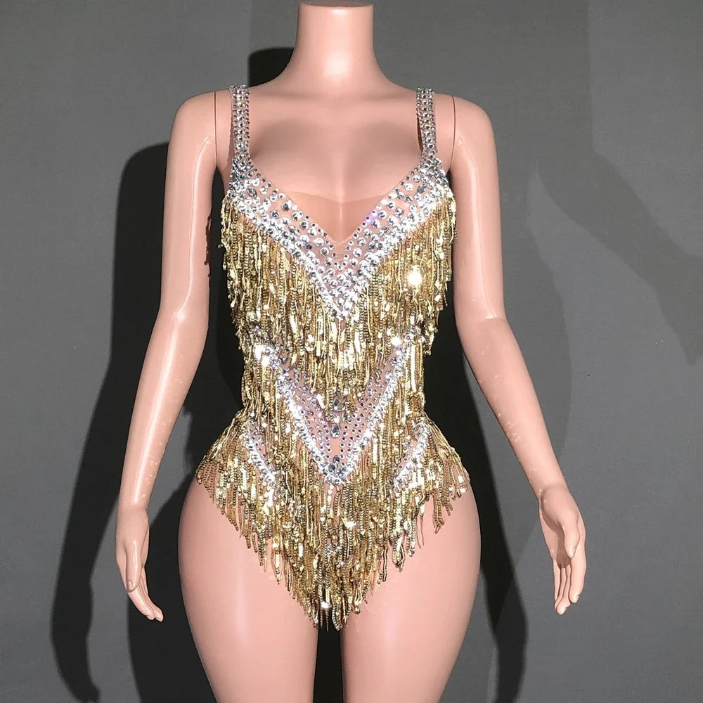 Sparkly Rhinestone & Tassel Bodysuit Stage Performance Dance Costume