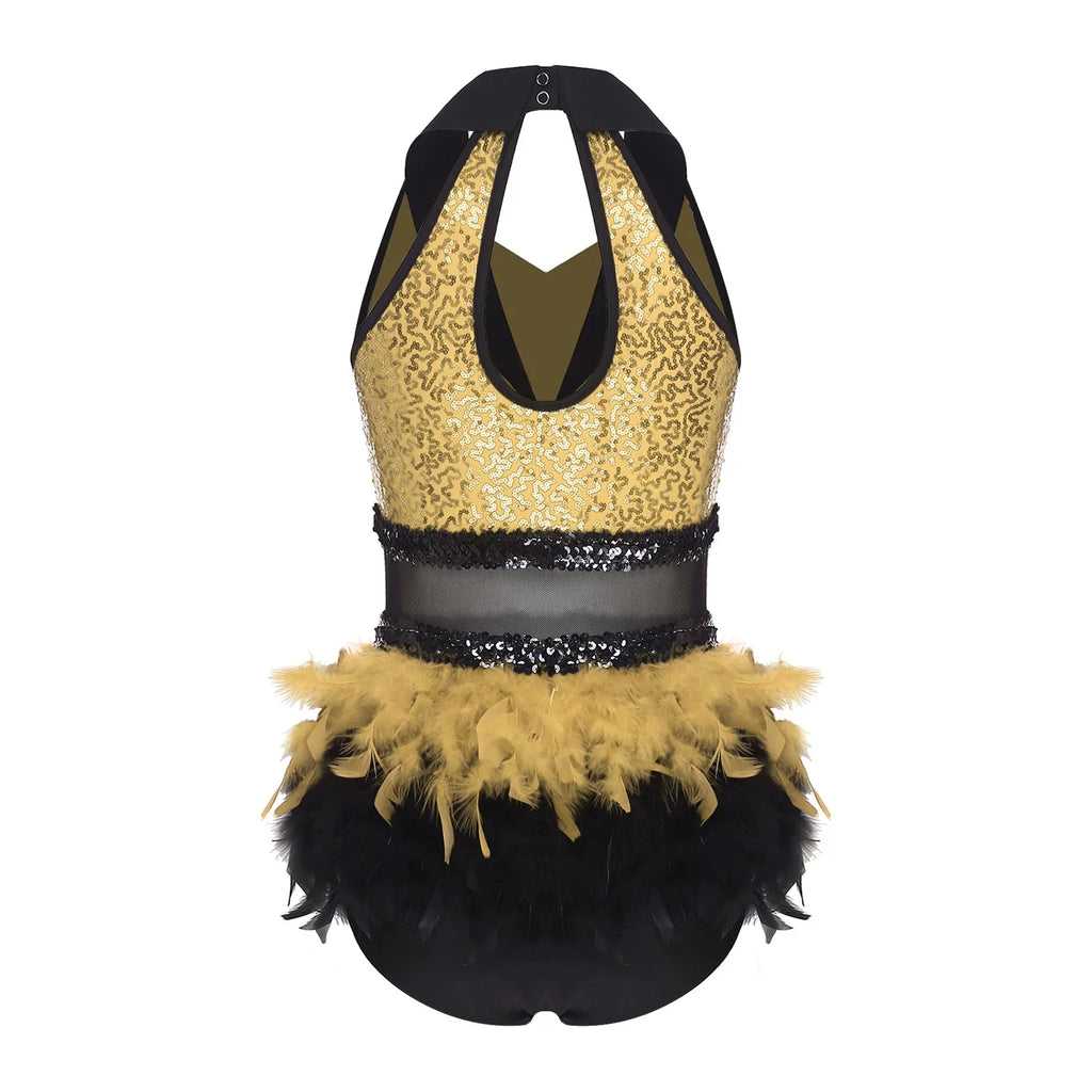 Women's Shiny Sequin Sheer Mesh Feather Latin Jazz Dance Bodysuit