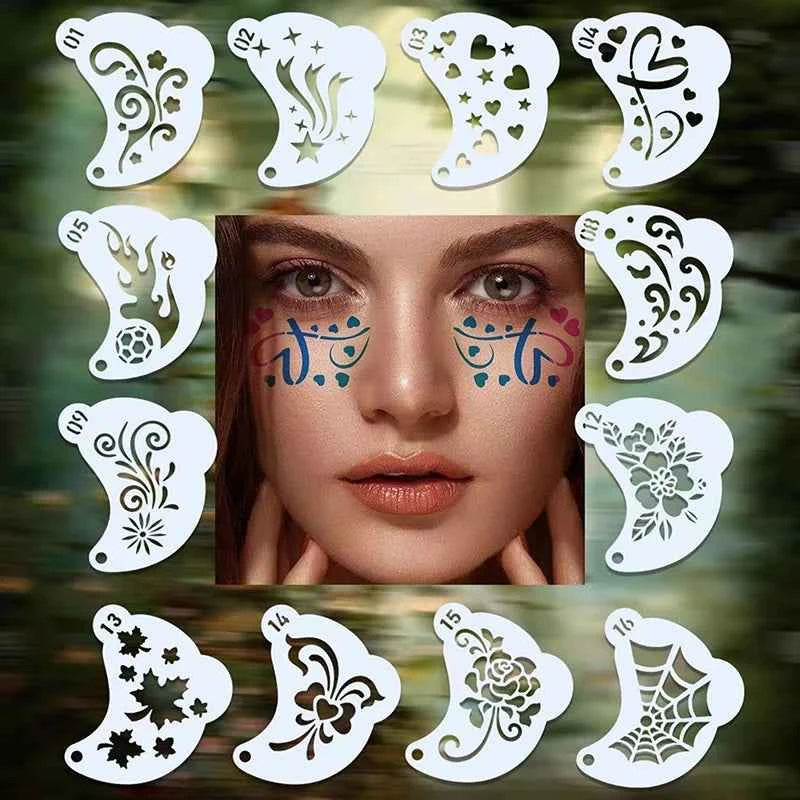 16Pcs Reusable Face Paint Stencils, DIY Body Art & Eyebrow Templates for Kids, Washable & Safe for Parties and Crafts