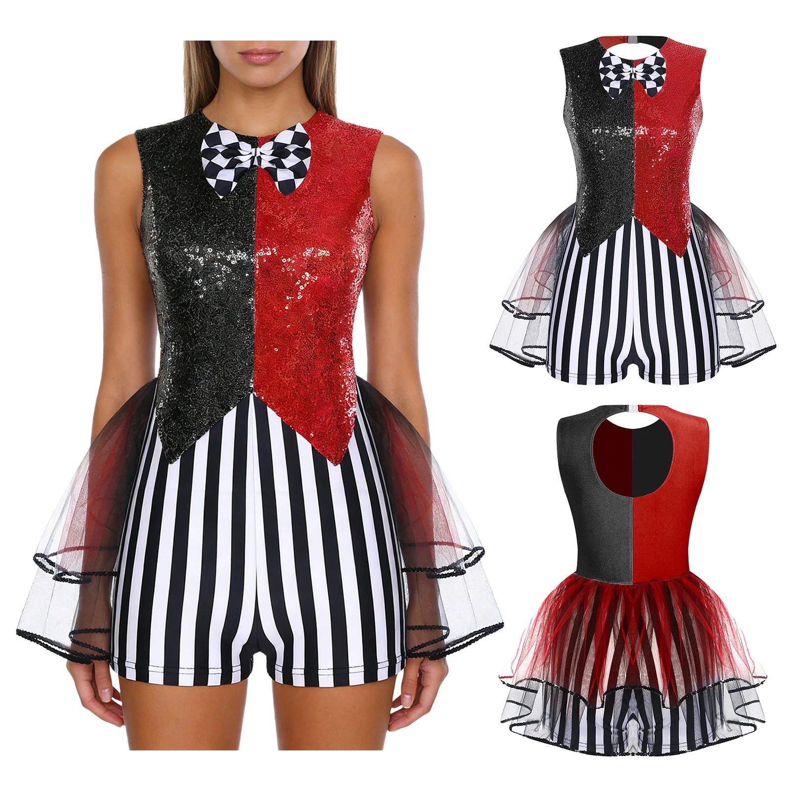 Womens Circus Clown Mad Hat Cosplay Costume Jumpsuit Sequin And Striped Patchwork Checker Bowtie Tiered Tulle Hem Cutout Rompers - Big Tim's Magic Emporium