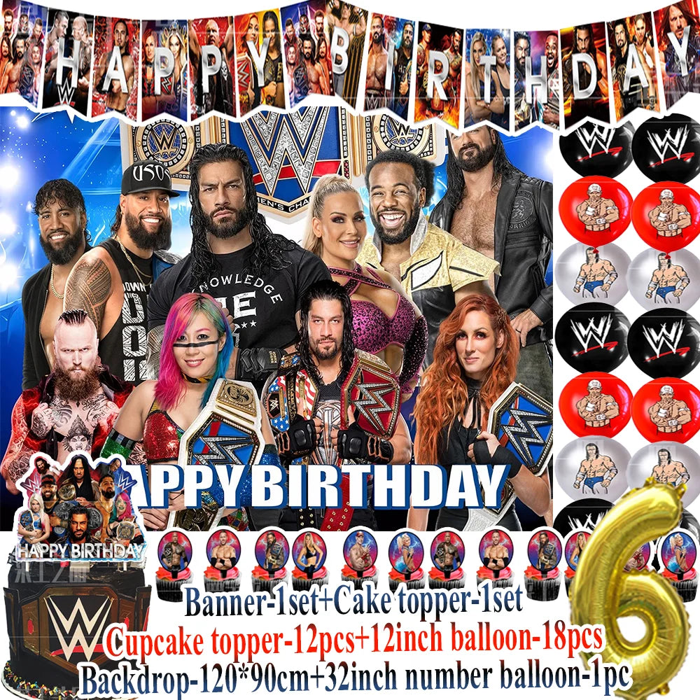 Sport-&Wrestling&Triathlon Boys Birthday Party Supplies Decor Boxing Match Balloon Cake Topper Banner Backdrop Baby Shower Props