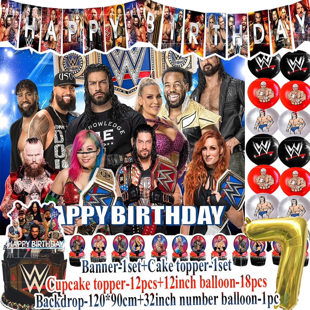 Sport-&Wrestling&Triathlon Boys Birthday Party Supplies Decor Boxing Match Balloon Cake Topper Banner Backdrop Baby Shower Props