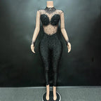 Women's Rhinestone Mesh Jumpsuit | Sheer Party & Stage Outfit