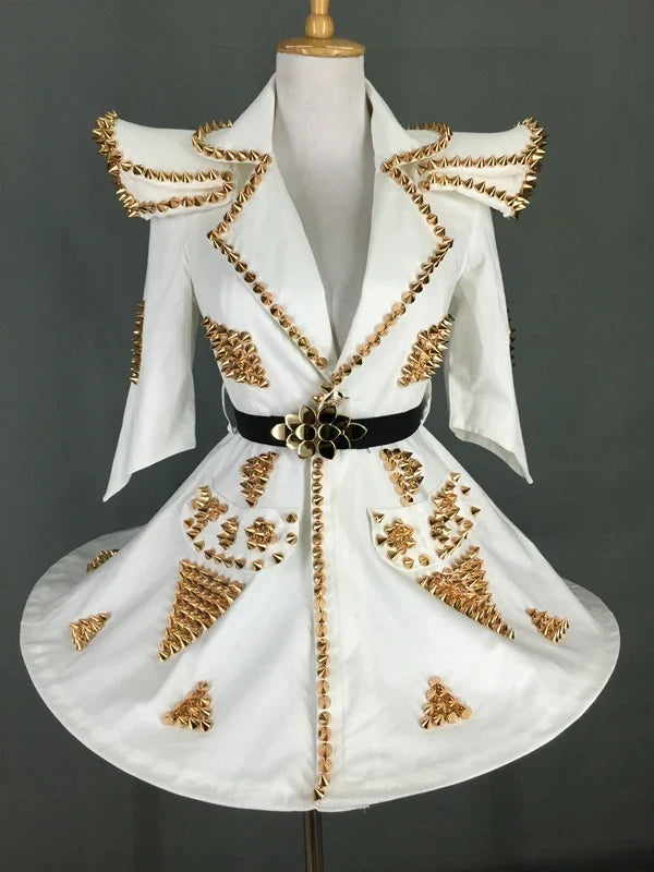 White Faux Leather Studded Stage Dress & Fluffy Skirt Pop Singer Costume Set