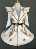 White Faux Leather Studded Stage Dress & Fluffy Skirt Pop Singer Costume Set