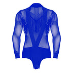 Men's Latin Salsa Sequin Tassel & Rhinestone V-Neck Performance Leotard Bodysuit