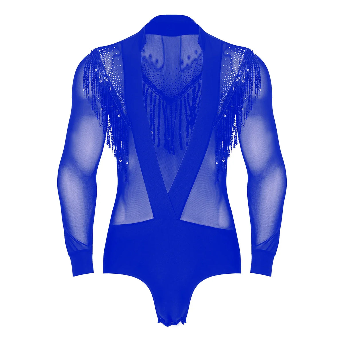 Men's Latin Salsa Sequin Tassel & Rhinestone V-Neck Performance Leotard Bodysuit